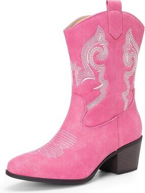 Women's Pink Faux Leather Cowgirl Boots With Round Toe Chunky Low Heel Shoes